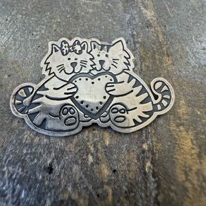 Vintage Sterling Silver 925 Cats in Love Heart Pin Brooch - EFS Mexico ~7.94g